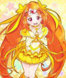 Rule 34 | 10s, 1girl, bow, bubble skirt, cure muse, cure muse (yellow), heart, long hair, looking at viewer, magical girl, md5 mismatch, orange hair, pink eyes, precure, shirabe ako, skirt, smile, solo, suite precure, tiara, twintails, very long hair, yellow bow, yellow skirt, yupiteru