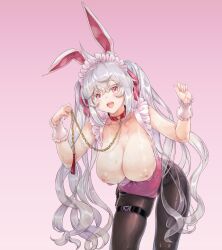 Rule 34 | 1girl, absurdres, ahoge, animal collar, animal ears, black pantyhose, blush, breasts, breasts out, chain, collar, fake animal ears, frills, hands up, highres, indie virtual youtuber, kiyama satoshi, large breasts, leaning forward, leotard, long hair, looking at viewer, maid headdress, meichan (mingming), nipples, open mouth, pantyhose, pink background, pink hair, pink leotard, playboy bunny, rabbit ears, redcircle, simple background, solo, thigh strap, twintails, very long hair, virtual youtuber, white hair, wrist cuffs