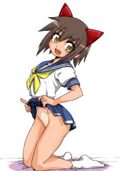 Rule 34 | 00s, 1girl, animal ears, brown hair, cat ears, clothes lift, ez6, fake animal ears, fang, flashing, head tilt, kneeling, kusakabe misao, looking at viewer, lucky star, navel, no panties, no shoes, open mouth, school uniform, serafuku, short hair, short sleeves, simple background, skirt, skirt lift, smile, socks, solo, white background, yellow eyes