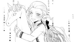 Rule 34 | 1boy, blush, bow, child, fate/grand order, fate (series), greyscale, hair bow, long hair, looking at viewer, male focus, monochrome, ponytail, sindri, solo, stuffed animal, stuffed horse, stuffed toy, wolfgang amadeus mozart (fate), aged down