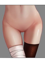 Rule 34 | 1girl, absurdres, bandaged leg, bandages, black thighhighs, close-up, commentary, commentary request, gluteal fold, grey background, groin, highres, hip focus, kono subarashii sekai ni shukufuku wo!, letterboxed, megumin, out of frame, pussy, pussy juice, pussy juice trail, si er, single thighhigh, skindentation, solo, symbol-only commentary, thigh gap, thighhighs, thighs, uncensored, underwear, white background