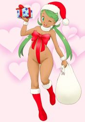 Rule 34 | 1girl, bag, boots, bow, bowtie, breasts, christmas present, covered erect nipples, creatures (company), dark-skinned female, dark skin, female focus, full body, game freak, gift, green eyes, green hair, hat, highres, holding, long hair, looking at viewer, mallow (pokemon), medium breasts, nintendo, one eye closed, pokemon, pokemon sm, santa hat, smile, solo, tof, wink
