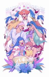 Rule 34 | 6+boys, ?, abs, absurdres, adjusting eyewear, aged down, ascot, bandana, bead necklace, beads, beanie, belt, blonde hair, blue eyes, blue feathers, blue flower, blue hair, blue rose, blue suspenders, bracelet, bright pupils, brown belt, buggy the clown, buttons, cape, character name, chest belt, child, clenched hand, closed mouth, clown, clown nose, collarbone, cup, dated, deformed, devil fruit power, disembodied hand, drinking glass, epaulettes, eyewear on head, facial hair, facial tattoo, feathers, floating, floral print, floral print shirt, flower, fur-trimmed cape, fur trim, gloves, goatee stubble, gold necklace, grin, hair ornament, hair scrunchie, hair through headwear, hair tie, happy birthday, hat, hat ribbon, hawaiian shirt, high ponytail, highres, holding, holding cup, holding stuffed toy, jewelry, jolly roger, knife, lapels, leaf, levitation, log pose, long hair, looking at viewer, makeup, male focus, multiple boys, multiple persona, muscular, muscular male, necklace, notched lapels, official alternate hair color, one piece, open clothes, open mouth, open shirt, orange cape, orange headwear, orange pants, pants, pectorals, pink bandana, pink feathers, pirate, pirate hat, pointing, polka dot bandana, polo shirt, ponytail, purple ascot, purple feathers, purple sash, purple scrunchie, red eyes, red hair, red lips, red nose, red ribbon, ribbon, rose, sash, scrunchie, shanks (one piece), shirt, short hair, short sleeves, signature, simple background, skull and crossbones, smile, speech bubble, spoken question mark, star-shaped eyewear, star (symbol), straw hat, striped clothes, striped shirt, stubble, stuffed toy, sunglasses, suspenders, tattoo, teeth, thumbs up, translated, twintails, unbuttoned, unbuttoned shirt, vamos mk, white ascot, white background, white flower, white gloves, white pupils, white shirt, wine glass, yellow-framed eyewear, yellow ribbon, yellow shirt