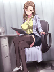 Rule 34 | 1girl, black thighhighs, blush, breasts, brown eyes, brown hair, buttons, chair, clipboard, coat, covered erect nipples, crossed legs, curtains, desk, doctor, feet, full body, garter straps, glasses, head tilt, heart, heart necklace, high heels, holding, huge breasts, indoors, jewelry, lab coat, large breasts, legs, lipstick, long hair, looking at viewer, makeup, manabe chie, mature female, mole, mole under mouth, necklace, nightmare express, office chair, open clothes, open coat, original, parted lips, pencil skirt, rimless eyewear, shimano natsume, shirt, shoes, sitting, skirt, smile, solo, swivel chair, table, taut clothes, taut shirt, thick thighs, thighhighs, thighs, wing collar, zettai ryouiki