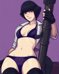 Rule 34 | 1girl, abs, black hair, black nails, blue eyes, bra, capcom, devil may cry (series), fingerless gloves, gloves, highres, ittla, jacket, lady (devil may cry), nail polish, over shoulder, panties, red eyes, short hair, solo, underwear, weapon, weapon over shoulder