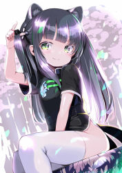 Rule 34 | 1girl, animal ear fluff, animal ears, arm up, black dress, black hair, blue archive, blunt bangs, china dress, chinese clothes, dress, green eyes, highres, long hair, omochishiki, short sleeves, shun (blue archive), shun (small) (blue archive), sitting, smile, solo, thighhighs, thighs, tiger ears, twintails, white thighhighs