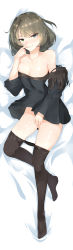Rule 34 | 10s, 1girl, absurdres, bad id, bad pixiv id, bare shoulders, black dress, black pantyhose, blue eyes, blush, bottomless, breasts, cleavage, closed mouth, clothes pull, collarbone, covering privates, covering crotch, dakimakura (medium), dress, finger to mouth, from above, full body, green eyes, green hair, highres, hplay, idolmaster, idolmaster cinderella girls, large breasts, long sleeves, lying, matching hair/eyes, mole, mole under eye, nose blush, off shoulder, on back, pantyhose, pantyhose pull, seductive smile, shiny skin, short hair, smile, smirk, solo, strap slip, takagaki kaede, thighs