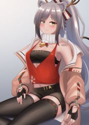 Rule 34 | 1girl, animal ears, antlers, arknights, bakkasu150, bandeau, bare shoulders, bell, black gloves, black shorts, breasts, cat ears, commentary request, fake antlers, fingerless gloves, garter straps, gloves, grey background, highres, horns, jacket, long hair, long sleeves, looking at viewer, medium breasts, navel, official alternate costume, partial commentary, pink jacket, red shirt, schwarz (arknights), schwarz (presents) (arknights), shirt, short shorts, shorts, silver hair, sitting, sleeveless, sleeveless shirt, solo, strapless, thighhighs, thighs, tube top, very long hair, yellow eyes