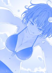 Rule 34 | &gt;:p, 1girl, :p, bikini, blue theme, blurry, breasts, cleavage, depth of field, female focus, foreshortening, from below, front-tie top, girl on top, himura kiseki, large breasts, looking at viewer, messy hair, monochrome, naughty face, navel, original, outdoors, short hair, sky, solo, swimsuit, tongue, tongue out, v-shaped eyebrows, water drop