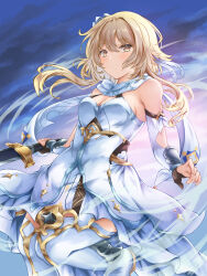 1girl bare_shoulders blonde_hair boots breasts cleavage closed_mouth dress genshin_impact hair_between_eyes highres holding holding_sword holding_weapon kei_(asufend) looking_at_viewer lumine_(genshin_impact) medium_breasts short_hair_with_long_locks smile solo sword thigh_boots weapon white_dress white_footwear yellow_eyes