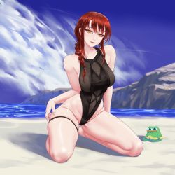 Rule 34 | 1girl, absurdres, artist name, bare shoulders, beach, black one-piece swimsuit, blush, braid, braided ponytail, breasts, chainsaw man, covered navel, curvy, gabriel carrasquillo, hair between eyes, hair over shoulder, hand on own thigh, highleg, highleg swimsuit, highres, innertube, large breasts, long hair, looking at viewer, makima (chainsaw man), one-piece swimsuit, outdoors, pepe the frog, red hair, ringed eyes, sidelocks, sitting, skindentation, smile, solo focus, swim ring, swimsuit, thigh strap, thighs, wariza, wide hips, yellow eyes