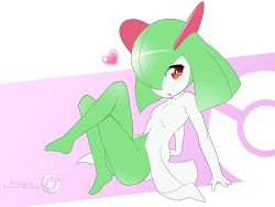 Rule 34 | 1girl, arm support, artist name, barefoot, blush, breasts, collarbone, creatures (company), crossed legs, female focus, full body, game freak, gen 3 pokemon, green hair, hair over one eye, heart, highres, kirlia, leaning back, looking at viewer, medium hair, navel, nintendo, no humans, open mouth, orcaleon, poke ball symbol, pokemon, pokemon (creature), purple background, red eyes, simple background, sitting, small breasts, solo, two-tone background, watermark