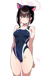 Rule 34 | 1girl, animal ears, bare arms, bare legs, bare shoulders, batta 16-sei, black hair, black one-piece swimsuit, blue archive, blush, breasts, cat ears, closed mouth, collarbone, colored inner hair, cowboy shot, extra ears, groin, hair ornament, hairclip, halo, highres, kazusa (blue archive), multicolored hair, one-piece swimsuit, pink hair, pink halo, red eyes, short hair, signature, simple background, small breasts, solo, swimsuit, white background