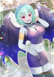 Rule 34 | 1girl, :d, bangle, bare shoulders, bat wings, black skirt, black thighhighs, black wings, blurry, blurry background, bracelet, breasts, cleavage, collarbone, colored skin, commentary request, commission, crop top, depth of field, green hair, grey skin, hand up, jewelry, kou hiyoyo, looking at viewer, medium breasts, midriff, misty (super doll licca-chan), navel, open mouth, pendant, red eyes, skeb commission, skirt, smile, solo, super doll licca-chan, thighhighs, wings