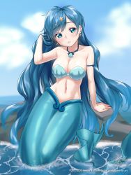 Rule 34 | 1girl, arm support, arm up, artist name, awono nanaumi, bare shoulders, blue eyes, blue hair, blue sky, blue tail, breasts, cleavage, cloud, collarbone, commentary, commission, day, earrings, groin, hair ornament, hand in own hair, head tilt, highres, houshou hanon, jewelry, long hair, looking at viewer, medium breasts, mermaid, mermaid melody pichi pichi pitch, monster girl, navel, necklace, ocean, parted lips, rock, shell, shell bikini, shell necklace, sidelocks, signature, sitting, skeb commission, skindentation, sky, solo, star (symbol), star earrings, star hair ornament, stomach