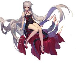 Rule 34 | 1girl, absurdly long hair, artist request, azur lane, black bow, black dress, bow, breasts, check artist, choker, cleavage, dress, evening gown, full body, halterneck, high heels, highres, huanxiang heitu, long dress, long hair, mechanical tail, montpelier (azur lane), montpelier (persephone&#039;s throne) (azur lane), official alternate costume, official art, red choker, red dress, red eyes, red footwear, silver hair, sleeveless, sleeveless dress, small breasts, solo, tail, transparent background, two-tone dress, very long hair