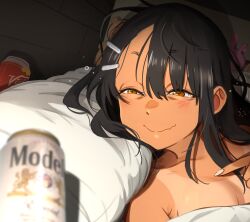 Rule 34 | 1girl, absurdres, alcohol, bed sheet, beer, black hair, blush, brown eyes, can, cerveza victoria, commentary, drunk, english commentary, fang, hair between eyes, hair ornament, hairclip, half-closed eyes, highres, ijiranaide nagatoro-san, indoors, jewelry, khyle., limmy waking up (meme), long hair, meme, messy hair, nagatoro hayase, pillow, portrait, short eyebrows, stuffed animal, stuffed rabbit, stuffed toy, tan, tanline, teddy bear