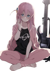 Rule 34 | 1girl, absurdres, artist name, backlighting, barefoot, between legs, black shirt, blue eyes, bocchi the rock!, collarbone, cube hair ornament, electric guitar, full body, gotoh hitori, guitar, guitar stand, hair between eyes, hair ornament, hand between legs, hand up, highres, indian style, instrument, jacket, jacket on shoulders, long hair, looking at viewer, pants, parted lips, pink hair, pink jacket, pink pants, shigure (sigre), shirt, simple background, sitting, solo, track jacket, track pants, white background, yamaha pacifica