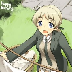 Rule 34 | 1girl, :d, ahoge, basket, blonde hair, blue eyes, blush, clothesline, happy birthday, laundry, looking at viewer, looking up, lynette bishop, military, military uniform, necktie, open mouth, sandwich (artist), smile, solo, strike witches, sweater, tsuchii (ramakifrau), uniform, world witches series