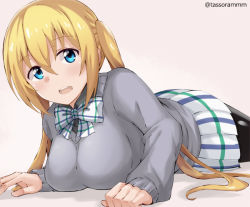 Rule 34 | 1girl, :d, bad id, bad pixiv id, beige background, black pantyhose, black shirt, blend s, blonde hair, blue eyes, bow, bowtie, breasts, collared shirt, commentary request, grey sweater, hair between eyes, head tilt, hinata kaho, large breasts, long hair, long sleeves, looking at viewer, lying, on stomach, open mouth, pantyhose, plaid, plaid bow, plaid bowtie, plaid neckwear, plaid skirt, pleated skirt, shirt, simple background, skirt, smile, solo, sweater, tasora, twintails, twitter username, very long hair, white bow, white bowtie, white skirt