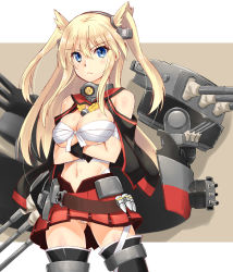 Rule 34 | 1girl, :&lt;, bandolier, bare shoulders, bismarck (kancolle), black gloves, black thighhighs, blonde hair, blue eyes, breast hold, breasts, cleavage, cosplay, crossed arms, gloves, hairband, headgear, kantai collection, large breasts, long hair, looking at viewer, midriff, miniskirt, musashi (kancolle), musashi (kancolle) (cosplay), panties, pantyshot, partially visible vulva, pleated skirt, pointy hair, sarashi, shinozuka atsuto, skirt, solo, standing, thighhighs, twintails, two side up, underwear, upskirt, white panties, zettai ryouiki