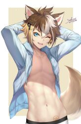 Rule 34 | 1boy, ;d, abs, animal ears, arms behind head, arms up, blue eyes, blue jacket, brown background, brown hair, collarbone, commentary, cowboy shot, dog boy, dog ears, dog tail, drawstring, ear piercing, fang, genshin impact, gorou (genshin impact), hair between eyes, hair ornament, highres, hood, hood down, hood up, jacket, long sleeves, long torso, looking at viewer, male focus, multicolored hair, nasaniliu, navel, one eye closed, open clothes, open jacket, open mouth, pectorals, piercing, sidelocks, signature, smile, solo, standing, stomach, streaked hair, tail, white background, white hair