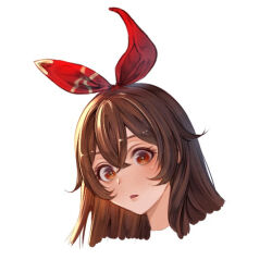 Rule 34 | 1girl, amber (genshin impact), bow, bow hairband, brown hair, eyebrows hidden by hair, genshin impact, hair between eyes, hair bow, hairband, kokollet, long hair, open mouth, portrait, red bow, red eyes, red hairband, simple background, solo, straight hair, white background