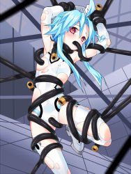 Rule 34 | 1girl, armpits, arms behind head, arms up, bare shoulders, blue hair, blush, boots, breasts, cable, clenched hands, covered erect nipples, covered navel, elbow gloves, fellatio, ginklaga, gloves, hair between eyes, knee up, leotard, looking at viewer, neptune (series), open mouth, oral, power symbol, power symbol-shaped pupils, restrained, short hair with long locks, skin tight, small breasts, solo, symbol-shaped pupils, teeth, tentacles, thigh boots, thighhighs, torn boots, torn clothes, torn gloves, torn leotard, torn thighhighs, upper teeth only, white gloves, white heart (neptunia), white leotard, white thighhighs