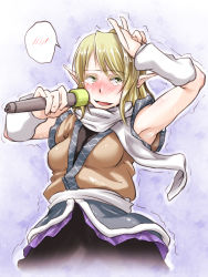 Rule 34 | 1girl, :d, arm up, arm warmers, armpits, blonde hair, blush, breasts, cowboy shot, embarrassed, green eyes, highres, kanta (k n t r o), looking away, microphone, mizuhashi parsee, nose blush, open mouth, pointy ears, scarf, short sleeves, smile, solo, spoken blush, tears, touhou, trembling, wavy mouth