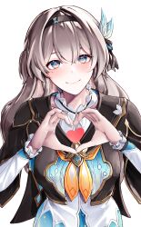 Rule 34 | 1girl, absurdres, black background, black jacket, blush, commentary request, firefly (honkai: star rail), grey hair, heart, heart hands, highres, honkai: star rail, honkai (series), jacket, korean commentary, long hair, long sleeves, looking at viewer, pyeong-il pyeongil, simple background, smile, solo, very long hair, white background