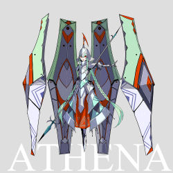 Rule 34 | 1girl, armor, armored boots, armored dress, athena (mythology), boots, braid, breastplate, character name, floating, floating object, full armor, full body, gauntlets, greek mythology, green hair, grey background, helmet, highres, long hair, looking at viewer, mecha musume, open mouth, original, palow, plate armor, polearm, red eyes, shoulder armor, solo, spear, teeth, twin braids, upper teeth only, very long hair, weapon