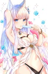 Rule 34 | 1girl, absurdres, animal ears, arm up, armpits, asada sadao, bad id, bad pixiv id, bare arms, bare shoulders, bikini, blue eyes, blue flower, blue rose, bracelet, breasts, cleavage, commentary request, cowboy shot, flower, food, granblue fantasy, hair ornament, hand up, highres, holding, jewelry, korwa, korwa (summer) (granblue fantasy), long hair, looking at viewer, medium breasts, navel, popsicle, red flower, rose, silver hair, solo, standing, stomach, swimsuit, tongue, tongue out, white bikini, white flower