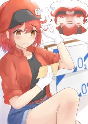 Rule 34 | adjusting hair, ae-3803, ahoge, bad id, bad pixiv id, belt, black shirt, blush, bob cut, box, brown eyes, cabbie hat, cardboard box, closed mouth, collarbone, commentary, confused, denim, denim shorts, gloves, hair between eyes, hat, hataraku saibou, highres, jacket, motion lines, on ground, open clothes, open jacket, open mouth, panicking, paper, raised eyebrow, reading, red belt, red blood cell (hataraku saibou), red headwear, red jacket, shirt, short hair, shorts, simple background, sitting, spoken character, sweatdrop, takoho (frrh8747), thought bubble, white background, white gloves
