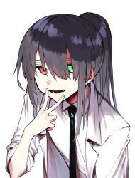 Rule 34 | 1girl, :d, bad id, bad twitter id, black hair, black necktie, coat, collared shirt, green eyes, hair over one eye, hand up, heterochromia, lab coat, long hair, looking at viewer, necktie, open mouth, original, ponytail, red eyes, shirt, simple background, smile, solo, tsu (lovesick1964), v, white background, white coat, white shirt, wing collar