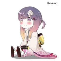 Rule 34 | 1girl, ahenn, bag, chibi, commentary request, gradient hair, green eyes, grey hair, hair ornament, hairclip, handbag, japanese clothes, kantai collection, kimono, long hair, lowres, multicolored hair, obi, ponytail, sash, simple background, sitting, smile, solo, tsushima (kancolle), twitter username, white background