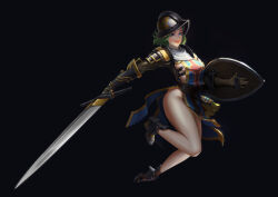 Rule 34 | 1girl, armor, black background, black footwear, blue eyes, breasts, full body, gauntlets, green hair, helmet, highres, holding, holding shield, holding sword, holding weapon, lipstick, makeup, original, shield, short hair, sideboob, simple background, small breasts, smile, sword, tuan anh thai, weapon