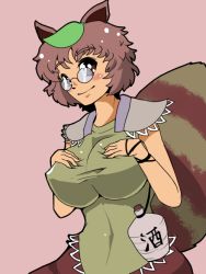 Rule 34 | 1girl, bad id, bad pixiv id, breast suppress, breasts, brown eyes, brown hair, female focus, futatsuiwa mamizou, glasses, gomibuta kuzutarou, huge breasts, impossible clothes, impossible shirt, leaf, shirt, simple background, skirt, solo, tail, taut clothes, taut shirt, touhou