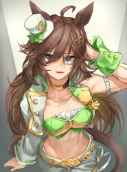 Rule 34 | 1girl, :d, absurdres, ahoge, animal ears, blue eyes, brown hair, choker, commentary request, cowboy shot, crop top, green shirt, hair ornament, hairclip, hat, highres, horse ears, jacket, long hair, long sleeves, looking at viewer, midriff, mini hat, mini top hat, mr. c.b. (umamusume), navel, open clothes, open jacket, open mouth, pants, shirt, single sleeve, smile, solo, standing, stomach, strapless, strapless shirt, tonariuta, top hat, umamusume, very long hair, white hat, white jacket, white pants