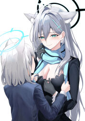 Rule 34 | 2girls, absurdres, animal ear fluff, animal ears, black dress, blue archive, blue eyes, blue jacket, blue scarf, breasts, broken halo, cleavage, closed mouth, commentary request, cross hair ornament, dark halo, dress, dual persona, extra ears, grey hair, hair between eyes, hair ornament, halo, happy tears, highres, jacket, large breasts, looking at another, medium hair, mismatched pupils, multiple girls, scarf, scarf grab, school uniform, shiroko (blue archive), shiroko terror (blue archive), simple background, smile, striped clothes, striped scarf, tears, towrituka, white background, wolf ears