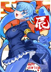 Rule 34 | 1girl, :d, absurdres, animal ears, blue eyes, blue gloves, blue hair, blue pantyhose, blue suit, breasts, chinese zodiac, commentary, cowboy shot, dragon, dragon girl, dragon tail, eastern dragon, extra ears, formal, frilled sleeves, frills, gloves, hair between eyes, happy new year, highres, japari symbol, kemono friends, large breasts, long hair, long sleeves, masuyama ryou, microskirt, nengajou, new year, open mouth, pantyhose, pleated skirt, seiryuu (kemono friends), skirt, smile, solo, suit, tail, twintails, very long hair, year of the dragon