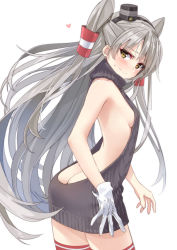Rule 34 | 10s, 1girl, amatsukaze (kancolle), ass, back, backless dress, backless outfit, bare back, breasts, brown eyes, butt crack, commentary request, cowboy shot, dress, from behind, gloves, hair tubes, halterneck, kantai collection, long hair, looking back, meme attire, naked sweater, red thighhighs, ribbed dress, ribbed sweater, short dress, sideboob, silver hair, single glove, small breasts, solo, striped clothes, striped thighhighs, sweat, sweater, sweater dress, thighhighs, turtleneck, turtleneck sweater, two side up, virgin killer sweater, white gloves, yahako