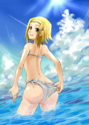 Rule 34 | 1girl, adjusting clothes, adjusting swimsuit, ass, bad id, bad pixiv id, bikini, brown eyes, brown hair, butt crack, grin, hairband, highres, k-on!, looking back, sayuhime tatsumi, short hair, smile, solo, swimsuit, tainaka ritsu, trefoil