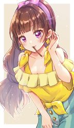 Rule 34 | 1girl, absurdres, amanogawa kirara, bare shoulders, blue shorts, blush, breasts, brown hair, cleavage, closed mouth, earrings, food in mouth, go! princess precure, highres, hiiragi syuu, jewelry, long hair, looking at viewer, medium breasts, pocky day, precure, purple eyes, shirt, shorts, simple background, smile, solo, star (symbol), star earrings, twitter username, yellow shirt