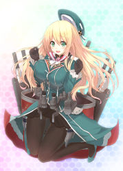Rule 34 | 10s, 1girl, atago (kancolle), blonde hair, cannon, dress, gloves, green eyes, hat, highres, kagerou (shadowmage), kantai collection, leggings, long hair, open mouth, pantyhose, solo