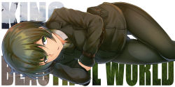 Rule 34 | 1girl, androgynous, arm belt, belt, belt pouch, brown belt, collared jacket, collared shirt, commentary, copyright name, expressionless, gluteal fold, green eyes, green hair, green jacket, green pants, hair between eyes, half-closed eyes, highres, jacket, kino (kino no tabi), kino no tabi, leather, leather belt, leather jacket, long sleeves, looking at viewer, lying, on side, pants, parted lips, pouch, shirt, shirt under jacket, short hair, shunga (shun608), skin tight, solo, thighs, tomboy, white shirt