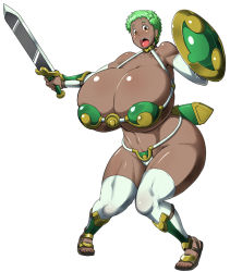 Rule 34 | 1girl, armor, bikini armor, blush, breasts, brown eyes, cleavage, curvy, dark skin, dark-skinned female, female focus, full body, gigantic breasts, green hair, looking at viewer, navel, open mouth, sasaki tatsuya, shield, short hair, solo, standing, sword, thick thighs, thighhighs, thighs, tongue, weapon, wide hips