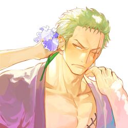 Rule 34 | 1boy, blush, closed mouth, earrings, flower, green hair, highres, japanese clothes, jewelry, kimono, looking to the side, male focus, muscular, muscular male, one piece, orange eyes, pectoral cleavage, pectorals, purple kimono, roronoa zoro, scar, scar across eye, short hair, solo, v-shaped eyebrows, white background, ynnn m
