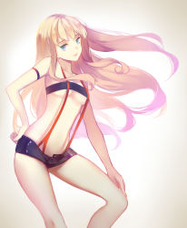 Rule 34 | 1girl, armband, bandeau, bare shoulders, beige background, belt bra, black shorts, blonde hair, blue eyes, bra, breasts, closed mouth, collarbone, contrapposto, floating hair, gradient background, hand on own hip, hand on own thigh, head tilt, highres, leaning forward, light smile, lipstick, long hair, looking at viewer, looking to the side, macross, macross frontier, makeup, nail polish, no navel, orange nails, pink lips, shade, sheryl nome, short shorts, shorts, smile, solo, standing, stomach, strap gap, strapless, suspender shorts, suspenders, sylvia (huajiuhuajiu), tube top, underboob, underwear