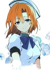Rule 34 | 1girl, arms at sides, beret, blue eyes, blue flower, bow, breasts, closed mouth, commentary, dress, eyes visible through hair, floating hair, flower, hair between eyes, hat, highres, higurashi no naku koro ni, looking at viewer, medium breasts, orange hair, puffy short sleeves, puffy sleeves, purple bow, ryuuguu rena, short hair, short sleeves, sidelighting, simple background, smile, solo, split mouth, suzuragi karin, tsurime, upper body, white background, white dress, white hat