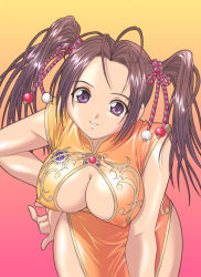 Rule 34 | bent over, breasts, brown hair, china dress, chinese clothes, cleavage, cleavage cutout, clothing cutout, covered erect nipples, dress, large breasts, purple eyes, solo, twintails